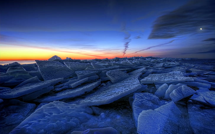 Ice Nature Lakes Frozen Winter Sky Clouds Sunrise Sunset Hdr wide, photo of  ice blocks, sunrise - sunset, clouds, frozen, lakes, nature, sunrise, sunset, wide, winter, HD wallpaper