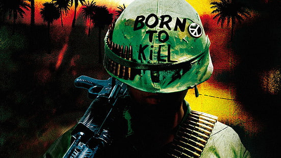 Obra de arte, Full Metal Jacket, pistola, casco, películas, signo de la paz, Guerra de Vietnam, Fondo de pantalla HD HD wallpaper