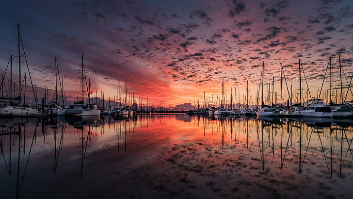 reflection, sky, water, marina, sunset, waterway, boats, calm, cloud, harbor, evening, horizon, dusk, dock, yacht, yachts, HD wallpaper