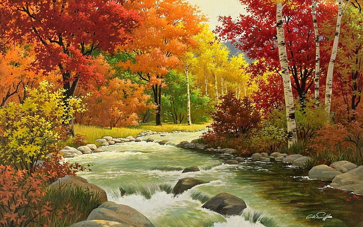 river between cherry blossom graphic, autumn, landscape, painting, river, wood, HD wallpaper