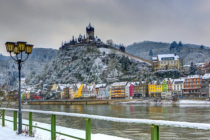 black pole light, winter, snow, river, castle, home, Germany, lights, fortress, Burg, Cochem, HD wallpaper