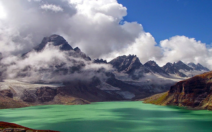 clouds, Green, Himalayas, lake, landscape, mountain, nature, Pakistan, summer, water, HD wallpaper