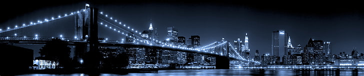 окачен мост цифрови тапети, вода, нощ, мост, град, градът, светлини, небостъргачи, Ню Йорк, Бруклин мост, HD тапет