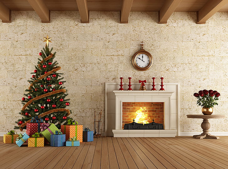 休日、クリスマス、煙突、クリスマスツリー、暖炉、ギフト、 HDデスクトップの壁紙