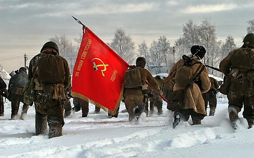 men's brown overcoat, hammer and sickle, Soviet Army, battle, PPSh-41, Mosin-Nagant, ushanka, snow, flag, army, HD wallpaper HD wallpaper
