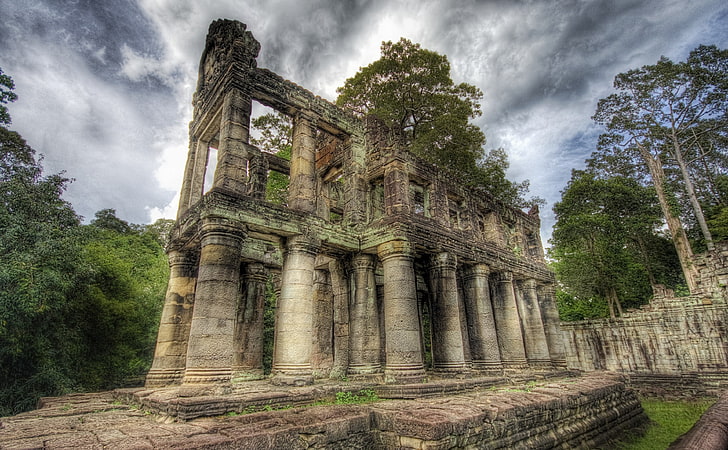 Древняя библиотека, Камбоджа, коричневое бетонное здание, Азия, Камбоджа, Руины, Джунгли, Библиотека, древние, HD обои