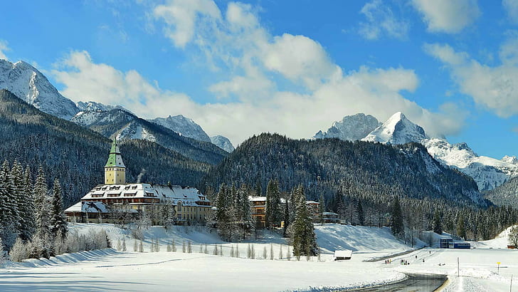 Bavière Allemagne montagnes, neige, arbres, hiver, montagnes, Bavière, Allemagne, château ELMAU, KRUN, Garmisch-Partenkirchen, Fond d'écran HD