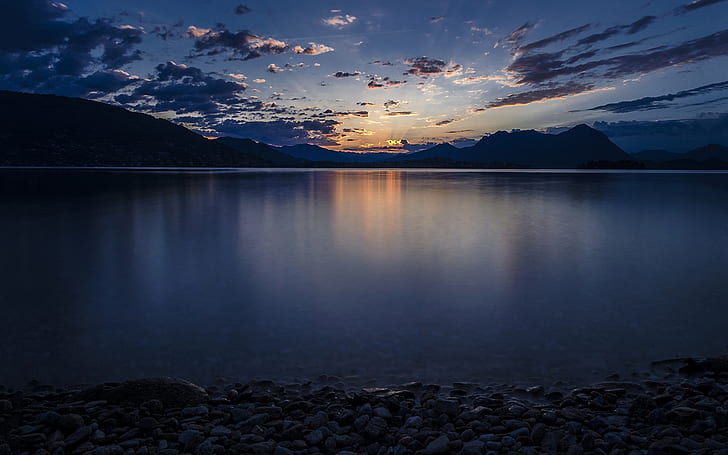 Italy, Lake Maggiore, stones, water, evening, sunset, Italy, Lake, Stones, Water, Evening, Sunset, HD wallpaper