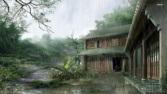 lukisan rumah abu-abu dan coklat, seni fantasi, karya seni, seni digital, rumah, pohon, tanaman, daun, jendela, hujan, Tiongkok, tangga, Wallpaper HD HD wallpaper