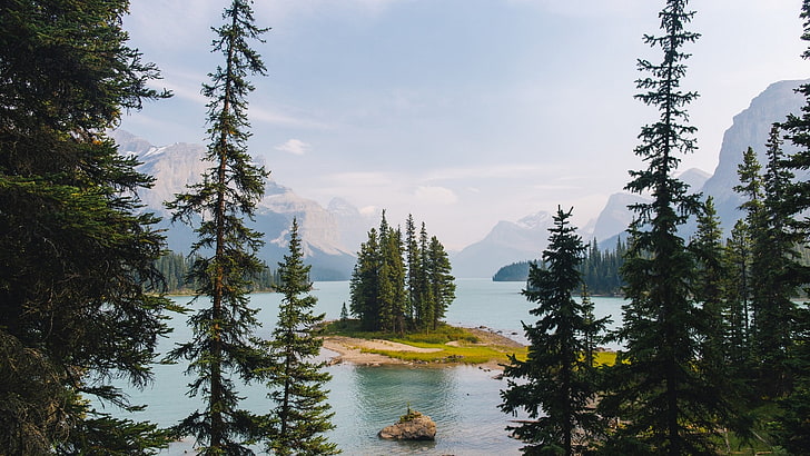 göl, ağaçlar, dağlar, ada, orman, doğa, manzara, Kanada, HD masaüstü duvar kağıdı