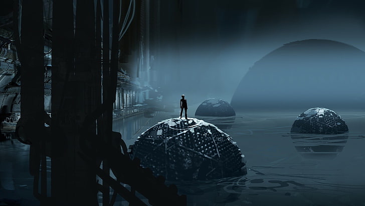 человек, стоящий на плавающем шаре, цифровые обои, Portal (игра), Portal 2, видеоигры, концепт-арт, HD обои