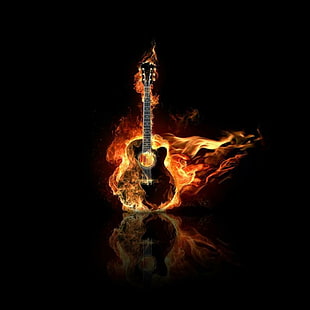 Projekt artystyczny, abstrakcja, ciemne tło, gitara w ogniu, ogień, palenie, projekt artystyczny, abstrakcja, ciemne tło, gitara w ogniu, ogień, palenie, Tapety HD HD wallpaper