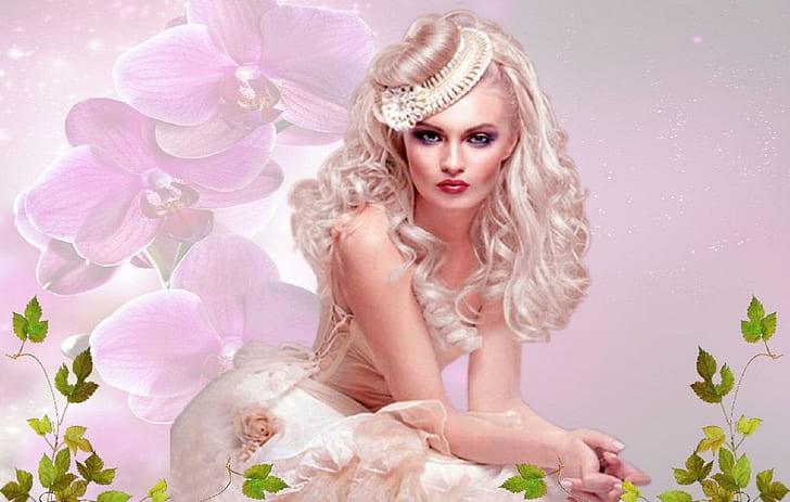 Orchid Beauty, feminine, blonde, orchids, soft, photoshop, beautiful, photography, pink, flowers, serene, woman, HD wallpaper