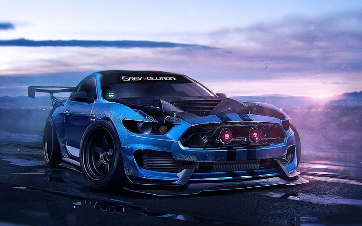 blue racing car, sports car, Ford Mustang Shelby, Ford Mustang, HD wallpaper