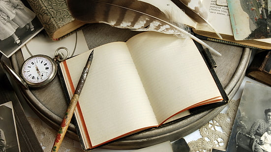 cuaderno, libros, cuadernos, reloj, bolígrafos y bolígrafo, Fondo de pantalla HD HD wallpaper