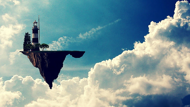 Gorillaz плаващ остров, Gorillaz, облаци, плаващ остров, фар, Джейми Хюлет, небе, произведения на изкуството, цифрово изкуство, HD тапет