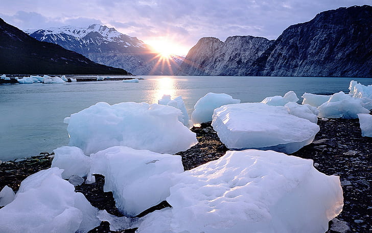 الجليد ، البحيرة ، الجبل ، الطبيعة ، التصوير الفوتوغرافي ، ضوء الشمس ، الماء ، Windows 7، خلفية HD