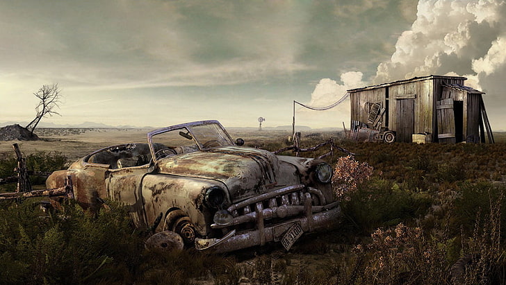 coupé convertibile vicino casa sfondo, Fallout, terre desolate, videogiochi, opere d'arte, apocalittico, relitto, beige, Sfondo HD