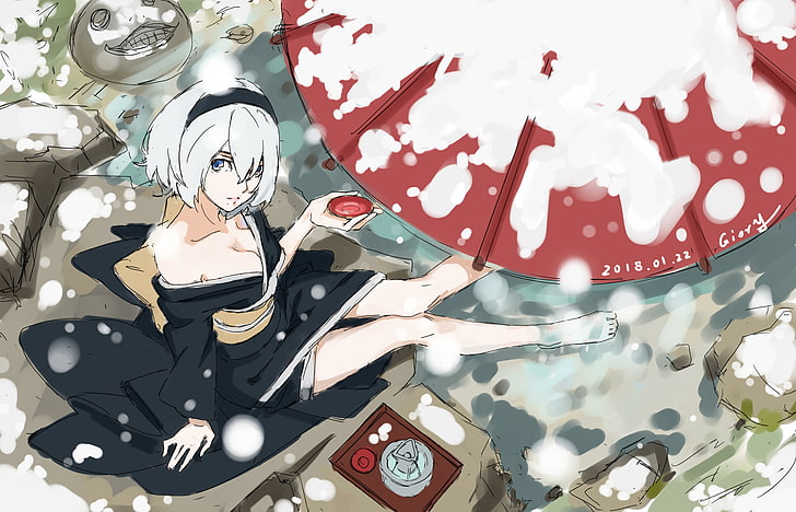 weißhaarige weibliche Anime-Charakter-Tapete, Nier: Automata, 2B (Nier: Automata), Giory, weißes Haar, NieR, HD-Hintergrundbild