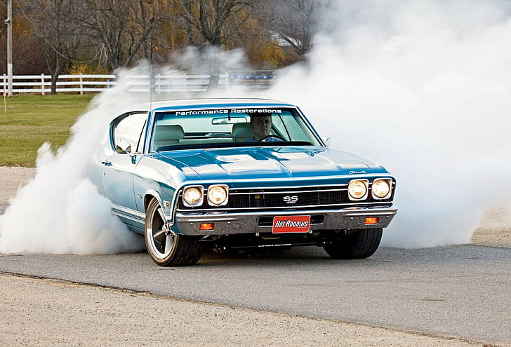 muscle cars, Chevrolet Chevelle, smoke, blue cars, HD wallpaper