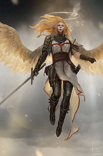 karakter memegang ilustrasi pedang, seni fantasi, malaikat, tentara salib, Wallpaper HD HD wallpaper