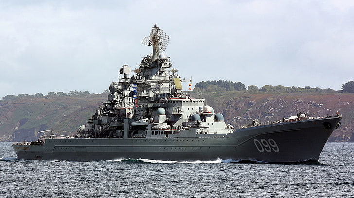 white 099 ship, sea, shore, cruiser, atomic, rocket, heavy, Peter The Great, HD wallpaper