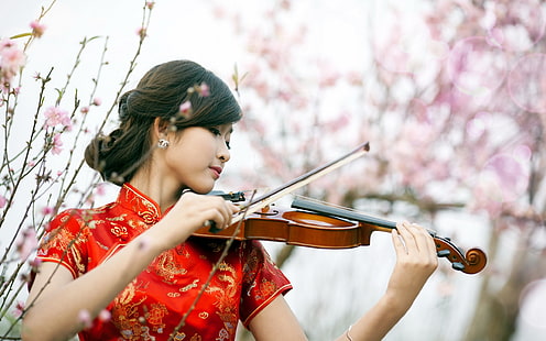 Czerwona dziewczyna cheongsam grać na skrzypcach, Red, Cheongsam, Girl, Play, Violin, Tapety HD HD wallpaper