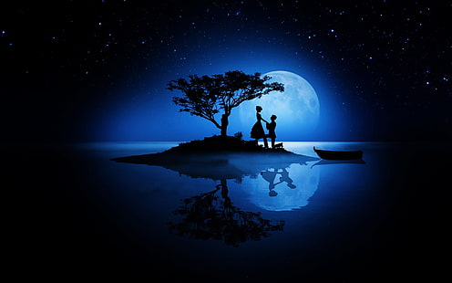silhouette couple on island with tree artwork, love, night, the moon, romance, stars, pair, silhouettes, Valentine's day, HD wallpaper HD wallpaper