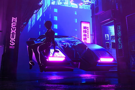  dark, night, digital art, neon, vehicle, futuristic, futuristic city, cyberpunk, HD wallpaper HD wallpaper