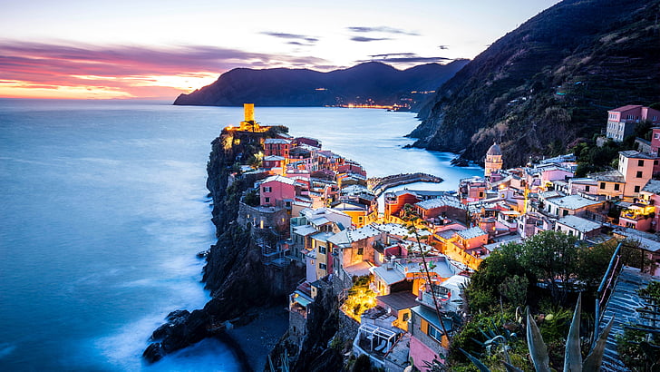 vernazza, itália, europa, cidade, mar da Ligúria, pôr do sol, noite, HD papel de parede