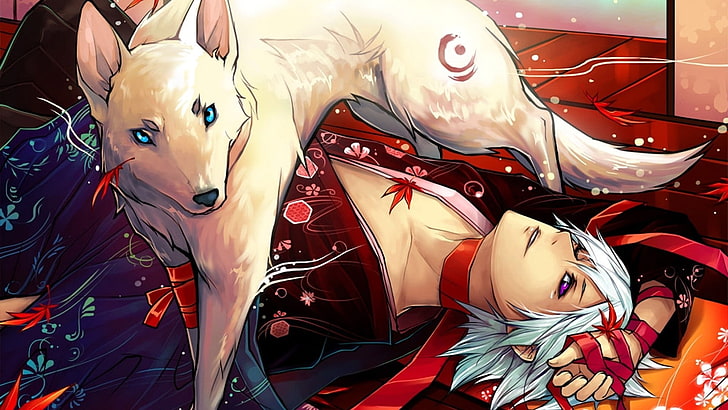 man and white fox digital wallpaper, wolf, leaves, artwork, kimono, men, blue eyes, lying down, animals, red leaves, HD wallpaper