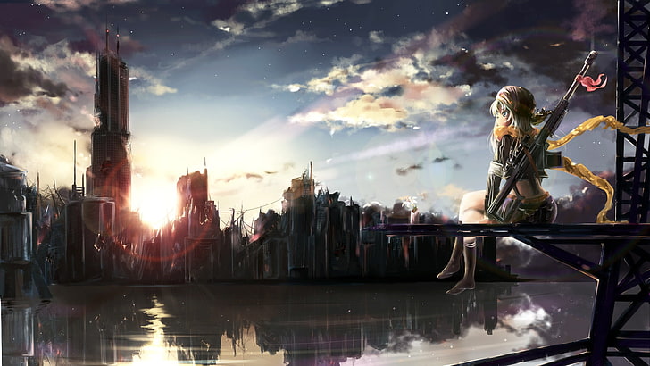 menina sentada no carrinho de metal marrom perto do corpo de água de frente para a paisagem urbana papel de parede digital mulheres arma arma apocalíptica anime meninas, HD papel de parede
