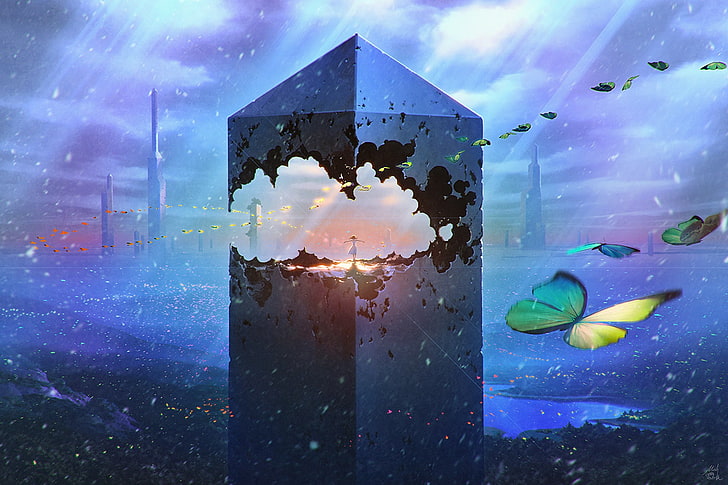 Zerstörter Obelisk digitale Tapete, Unterwasser, Obelisk, Fantasiekunst, digitale Kunst, Schmetterling, Himmel, HD-Hintergrundbild