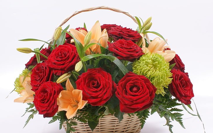 red rose, green mums, and orange lily flower arrangement, roses, lilies, flowers, grass, basket, composition, HD wallpaper