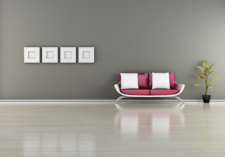 four white wooden photo frames, sofa, plant, pillow, the barrel, frame, HD wallpaper