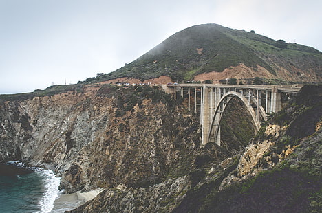 white suspension bridge, bridges, overpasses, mountains, HD wallpaper HD wallpaper