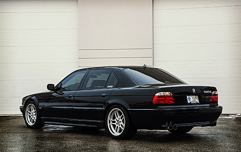 svart BMW 7-serie, asfalt, lampor, BMW, baksida, Boomer, e38, 740il, bimmer, HD tapet HD wallpaper