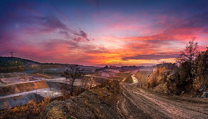 road, sunset, quarry, HD wallpaper