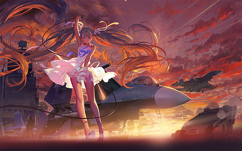 кафявокосо момиче в рокля аниме герой, Vocaloid, военен самолет, Sukhoi, жени със самолети, реактивен изтребител, вятър, аниме, аниме момичета, Sukhoi Su-35, самолет, военен, HD тапет HD wallpaper