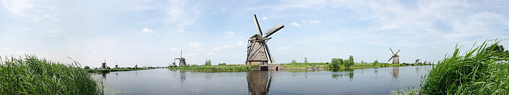 grey windmill, Netherlands, Dutch, windmill, grass, water, canal, sky, Kinderdijk, panorama, Europe, HD wallpaper