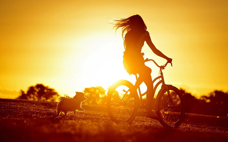 zachód słońca, kobiety, rower, pies, światło słoneczne, sylwetka, kobiety z rowerami, Tapety HD