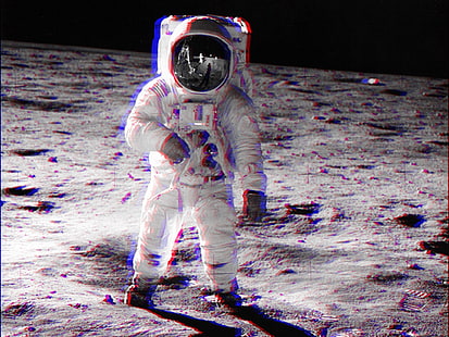 3d, анаглиф 3D, астронавт, луна, космос, HD тапет HD wallpaper