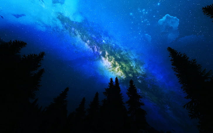 Milky Way, pine trees, space, HD wallpaper