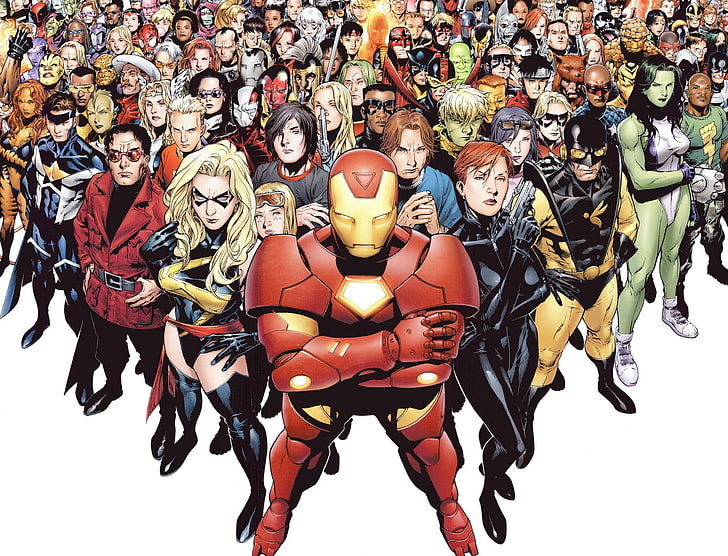 Ilustração do Homem de Ferro, Marvel Comics, super-herói, Homem de Ferro, Ela-Hulk, A Visão, Tocha Humana, Coisa, Duende Verde, Veneno, HD papel de parede