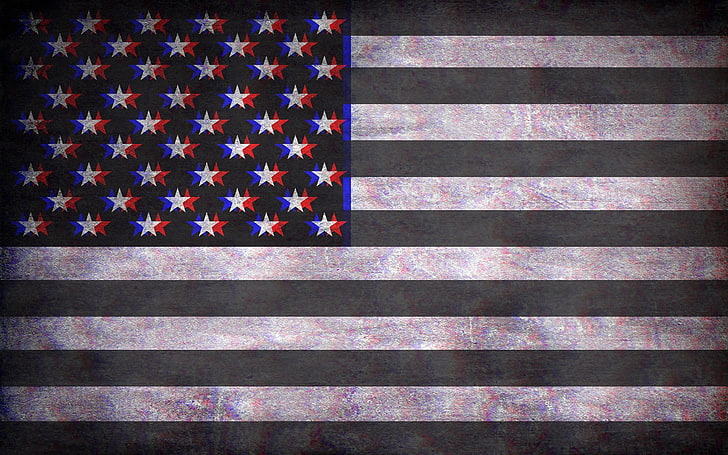 صورة بتدرج الرمادي للعلم الأمريكي ، العلم الأمريكي ، النقش ثلاثي الأبعاد، خلفية HD
