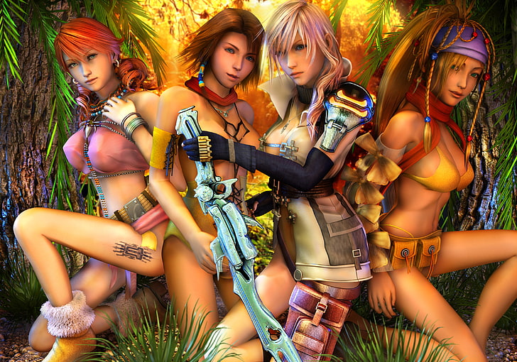 четыре женщины аниме персонажи цифровые обои, лес, девушки, меч, тату, Final Fantasy XIII, HD обои