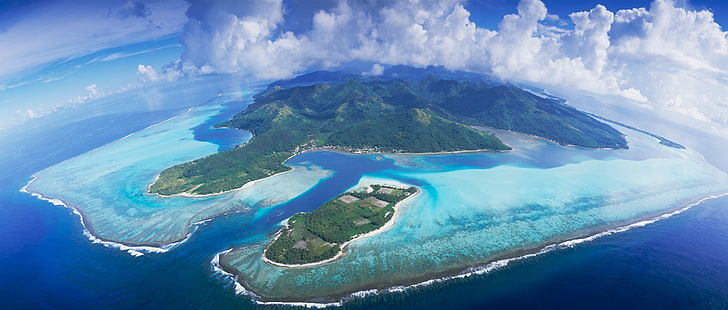 havadan görünümü, Bora Bora, tropikal, atolls, bulutlar, deniz, dağlar, plaj, doğa, manzara, HD masaüstü duvar kağıdı