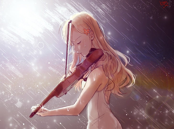 Mujer tocando la ilustración de violín, Shigatsu wa Kimi no Uso, ilustraciones, violín, lluvia, luz solar, Miyazono Kaori, Fondo de pantalla HD