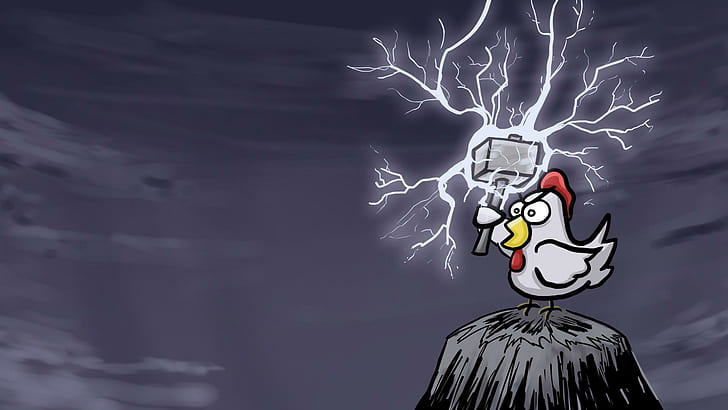 Thor chicken, rooster holding thunder hammer animation, digital art, 1920x1080, chicken, lightning, hammer, HD wallpaper