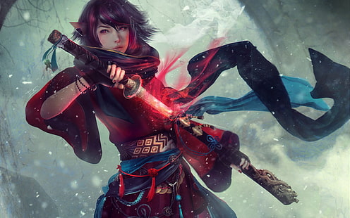 women, Asian, artwork, samurai, sword, fantasy art, warrior, HD wallpaper HD wallpaper